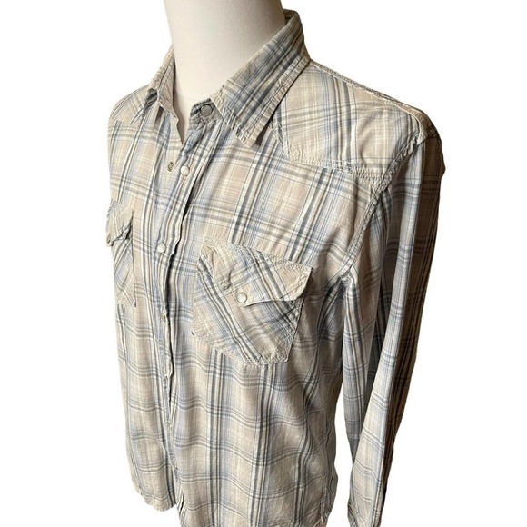 BKE Shirt Mens Pearl Snap Plaid Buckle Athletic Fit Western Tan Blue Large - Picture 3 of 10